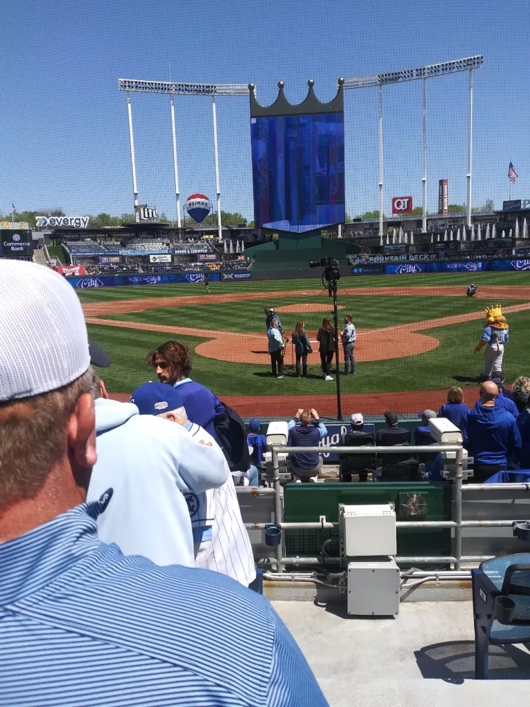 The view of the ballfield at Kauffman Stadium from seats behind home plate.